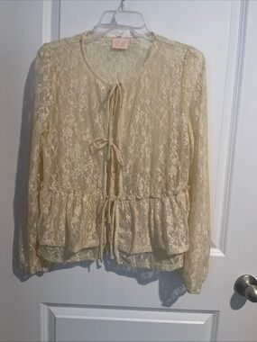 Lace Tie-Front Peplum Blouse - Cream Sheer L Ruffled bottom 19 pit to pit 23 L